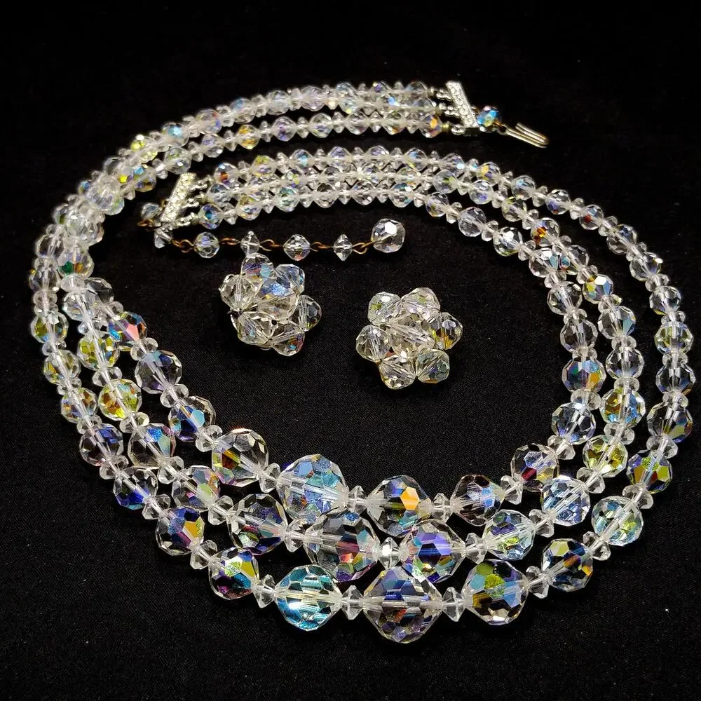 Vintage AB Crystal Necklace Set 1950s Triple Strand Earrings